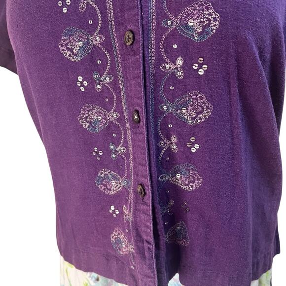 Vintage Linen Blend Pappagallo Purple Top w/ Embroidery & Sequins Petite Large - Picture 5 of 6